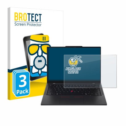 Parte frontal de un envase de producto con el logotipo de la marca BROTECT. Al lado se muestra el dispositivo Lenovo ThinkPad 