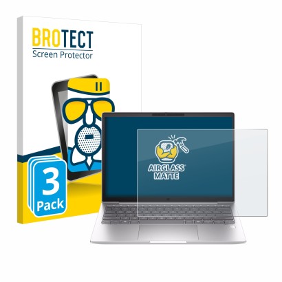 Front side of a product packaging with the brand logo BROTECT. Next to it is the device HP EliteBook 630 G11 shown with the co