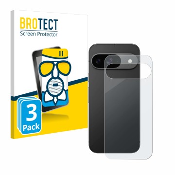 Front side of a product packaging with the brand logo BROTECT. Next to it is the device Google Pixel 9 (Back) shown with the c