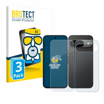 Face avant d’un emballage produit avec le logo de la marque BROTECT. À côté, l’appareil Google Pixel 9 (Avant+Arrière) est rep