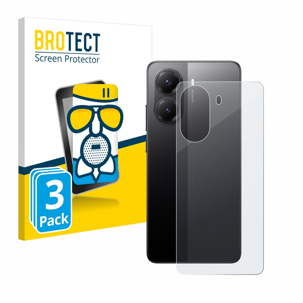 Face avant d’un emballage produit avec le logo de la marque BROTECT. À côté, l’appareil Xiaomi Poco X7 Pro (Arrière) est repré