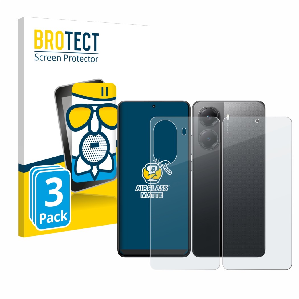 Face avant d’un emballage produit avec le logo de la marque BROTECT. À côté, l’appareil Xiaomi Poco X7 Pro (Avant+Arrière) est