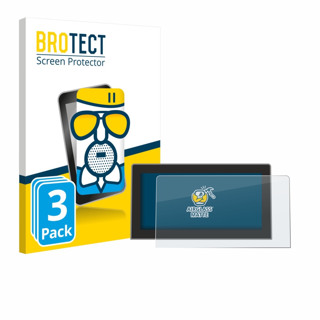 Front side of a product packaging with the brand logo BROTECT. Next to it is the device Volkswagen Golf MK8.5 12.9