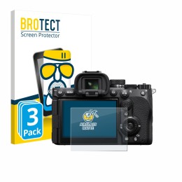 Front side of a product packaging with the brand logo BROTECT. Next to it is the device Sony Alpha 7 V (ILCE-7M5) shown with t
