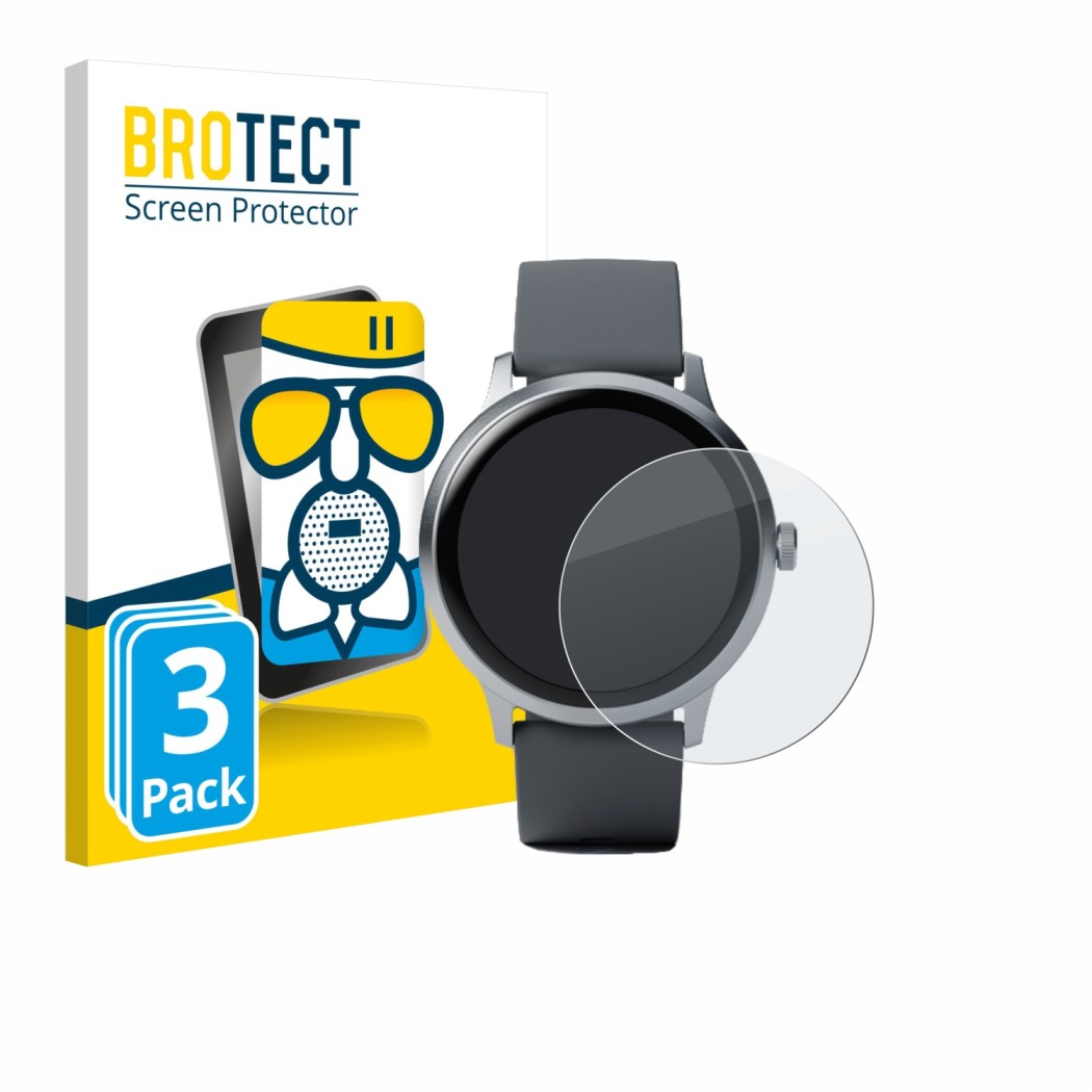 Face avant d’un emballage produit avec le logo de la marque BROTECT. À côté, l’appareil Pebble Round 2 est représenté avec la 