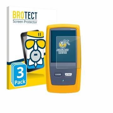 Front side of a product packaging with the brand logo BROTECT. Next to it is the device Fluke DSX8000 shown with the correspon