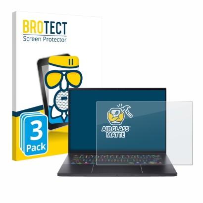 Face avant d’un emballage produit avec le logo de la marque BROTECT. À côté, l’appareil Acer Predator Triton 14 AI est représe