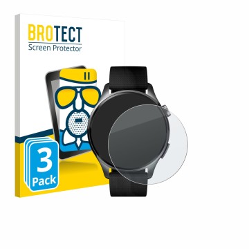 Front side of a product packaging with the brand logo BROTECT. Next to it is the device Xiaomi Watch 5 (47 mm) shown with the 
