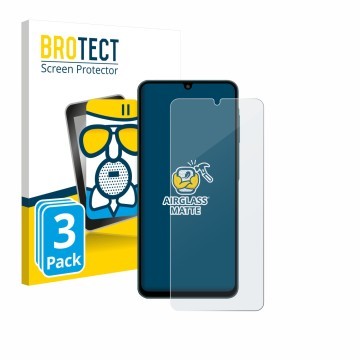 Parte frontal de un envase de producto con el logotipo de la marca BROTECT. Al lado se muestra el dispositivo Samsung Galaxy F