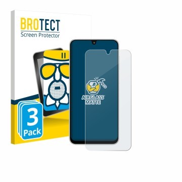 Parte frontal de un envase de producto con el logotipo de la marca BROTECT. Al lado se muestra el dispositivo Samsung Galaxy M