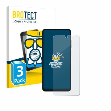 Face avant d’un emballage produit avec le logo de la marque BROTECT. À côté, l’appareil Samsung Galaxy M06 est représenté avec