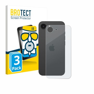 Front side of a product packaging with the brand logo BROTECT. Next to it is the device Apple iPhone 17e (Back) shown with the