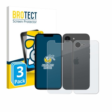 Front side of a product packaging with the brand logo BROTECT. Next to it is the device Apple iPhone 17e (Front+Back) shown wi