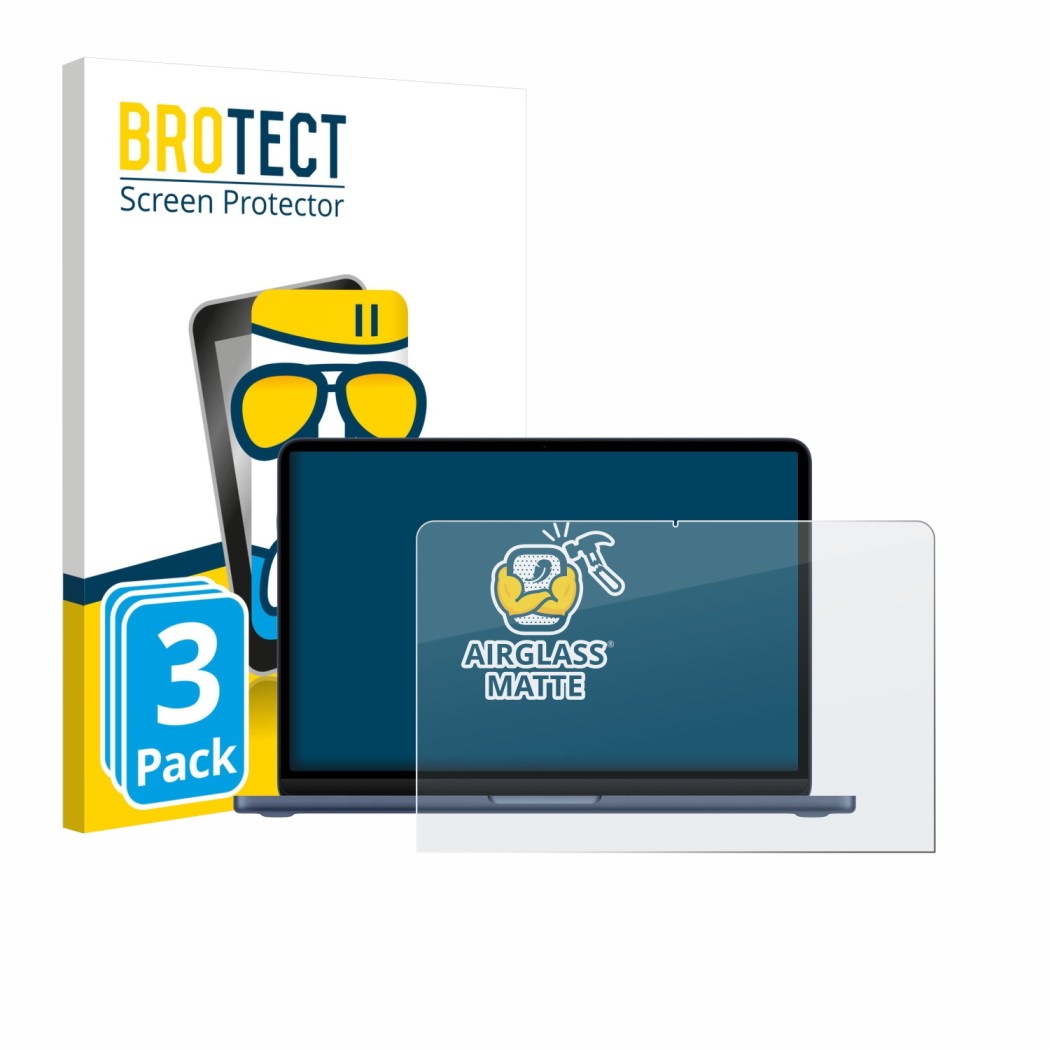 Parte frontal de un envase de producto con el logotipo de la marca BROTECT. Al lado se muestra el dispositivo Apple MacBook Ne