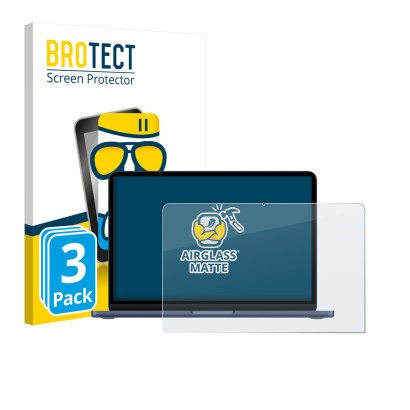 Parte frontal de un envase de producto con el logotipo de la marca BROTECT. Al lado se muestra el dispositivo Apple MacBook Ne