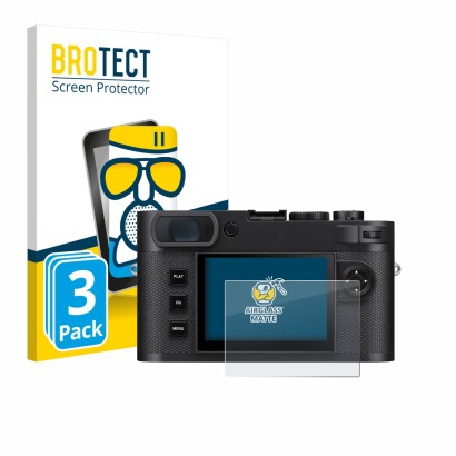Front side of a product packaging with the brand logo BROTECT. Next to it is the device Leica M EV1 shown with the correspondi