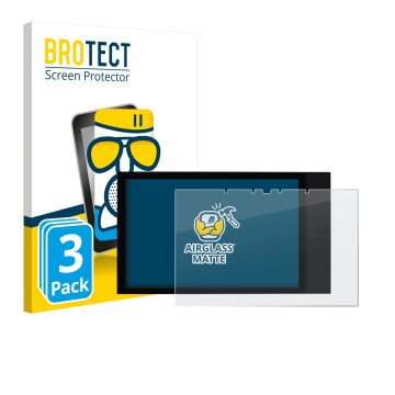 Front side of a product packaging with the brand logo BROTECT. Next to it is the device Shelly Wall Display XL shown with the 