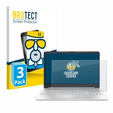 Vorderseite einer Produktverpackung mit dem Markenlogo BROTECT. Daneben ist das Gerät HP 15s-fq2000 mit dem zugehörigen Displa