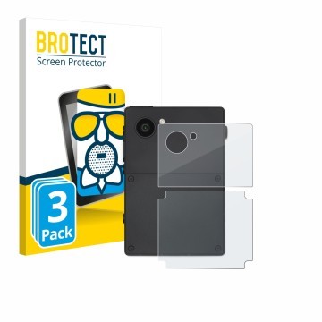 Vorderseite einer Produktverpackung mit dem Markenlogo BROTECT. Daneben ist das Gerät Light Phone 3 (Rückseite) mit dem zugehö