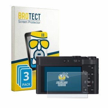 Parte frontal de un envase de producto con el logotipo de la marca BROTECT. Al lado se muestra el dispositivo Panasonic Lumix 