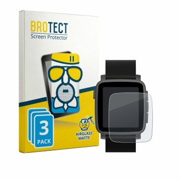 Face avant d’un emballage produit avec le logo de la marque BROTECT. À côté, l’appareil Pebble Time 2 2026 est représenté avec