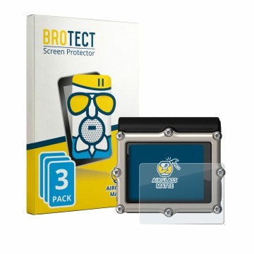 Front side of a product packaging with the brand logo BROTECT. Next to it is the device Shearwater Petrel 3 dive computer show