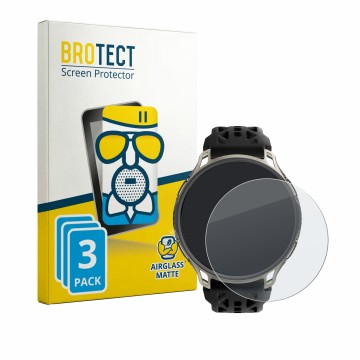 Front side of a product packaging with the brand logo BROTECT. Next to it is the device Amazfit Cheetah 2 Pro shown with the c