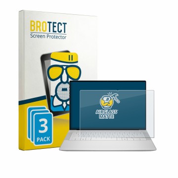 Parte frontal de un envase de producto con el logotipo de la marca BROTECT. Al lado se muestra el dispositivo Dell XPS 14 DA14