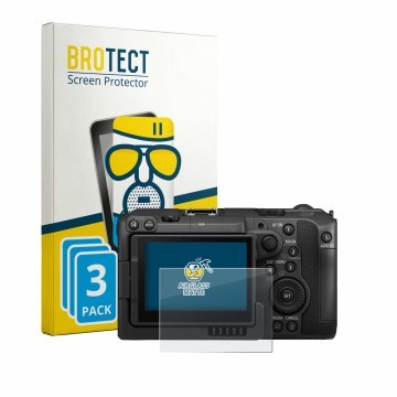 Vorderseite einer Produktverpackung mit dem Markenlogo BROTECT. Daneben ist das Gerät Canon EOS C50 mit dem zugehörigen Displa