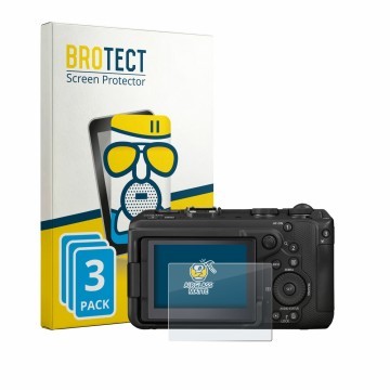 Face avant d’un emballage produit avec le logo de la marque BROTECT. À côté, l’appareil Canon EOS R6 V est représenté avec la 