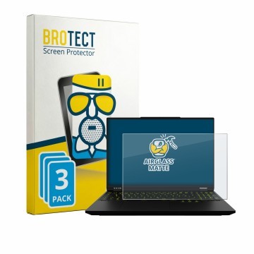 Parte frontal de un envase de producto con el logotipo de la marca BROTECT. Al lado se muestra el dispositivo XMG Neo 16 con s