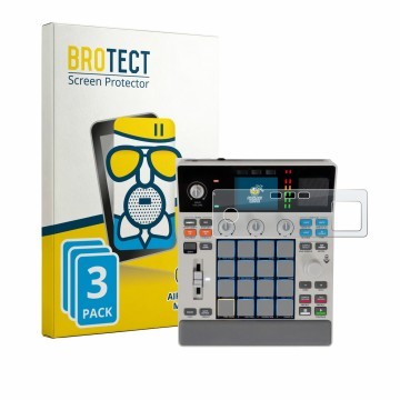 Parte frontal de un envase de producto con el logotipo de la marca BROTECT. Al lado se muestra el dispositivo Akai MPC Sample 