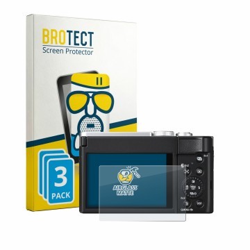 Face avant d’un emballage produit avec le logo de la marque BROTECT. À côté, l’appareil Panasonic Lumix DC-TZ99E-S est représe