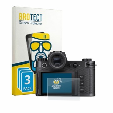 Vorderseite einer Produktverpackung mit dem Markenlogo BROTECT. Daneben ist das Gerät Leica SL3-P mit dem zugehörigen Displays