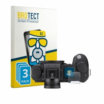 Vorderseite einer Produktverpackung mit dem Markenlogo BROTECT. Daneben ist das Gerät Leica SL3-P (Schulterdisplay) mit dem zu