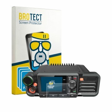 Parte frontal de un envase de producto con el logotipo de la marca BROTECT. Al lado se muestra el dispositivo Hytera HM785 con