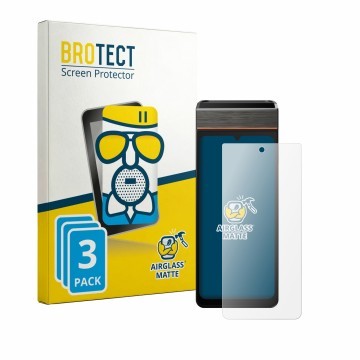 Parte frontale di una confezione del prodotto con il logo del marchio BROTECT. Accanto è raffigurato il dispositivo Sunmi V3e 