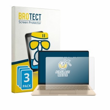 Parte frontal de un envase de producto con el logotipo de la marca BROTECT. Al lado se muestra el dispositivo Asus Zenbook 14 