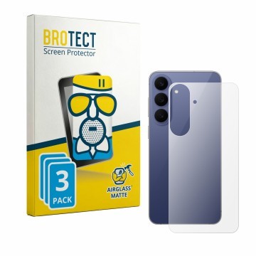 Face avant d’un emballage produit avec le logo de la marque BROTECT. À côté, l’appareil Samsung Galaxy S26 FE (Arrière) est re