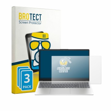Vorderseite einer Produktverpackung mit dem Markenlogo BROTECT. Daneben ist das Gerät HP 15-fd1731ngx mit dem zugehörigen Disp