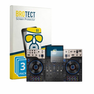 Front side of a product packaging with the brand logo BROTECT. Next to it is the device Denon DJ Prime 4 G2 shown with the cor