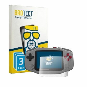 Front side of a product packaging with the brand logo BROTECT. Next to it is the device AYANEO KONKR Pocket Advance shown with