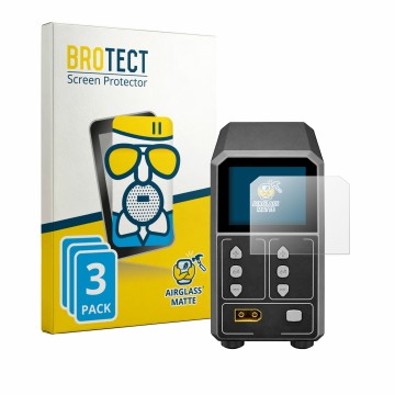 Parte frontal de un envase de producto con el logotipo de la marca BROTECT. Al lado se muestra el dispositivo SkyRc eFuel PSU2