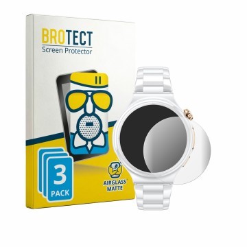 Front side of a product packaging with the brand logo BROTECT. Next to it is the device Huawei Watch 6 Pro 43 mm shown with th