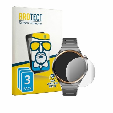 Front side of a product packaging with the brand logo BROTECT. Next to it is the device Huawei Watch 6 Pro 46 mm shown with th