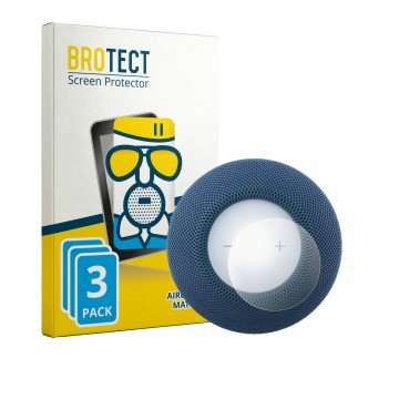 Face avant d’un emballage produit avec le logo de la marque BROTECT. À côté, l’appareil Apple HomePod mini 2 est représenté av