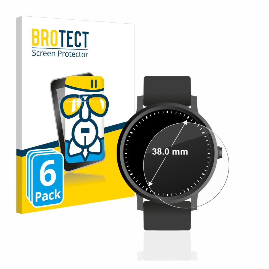 Front side of a product packaging with the brand logo BROTECT. Next to it is the device Watches (Circular, ø: 38 mm) shown wit