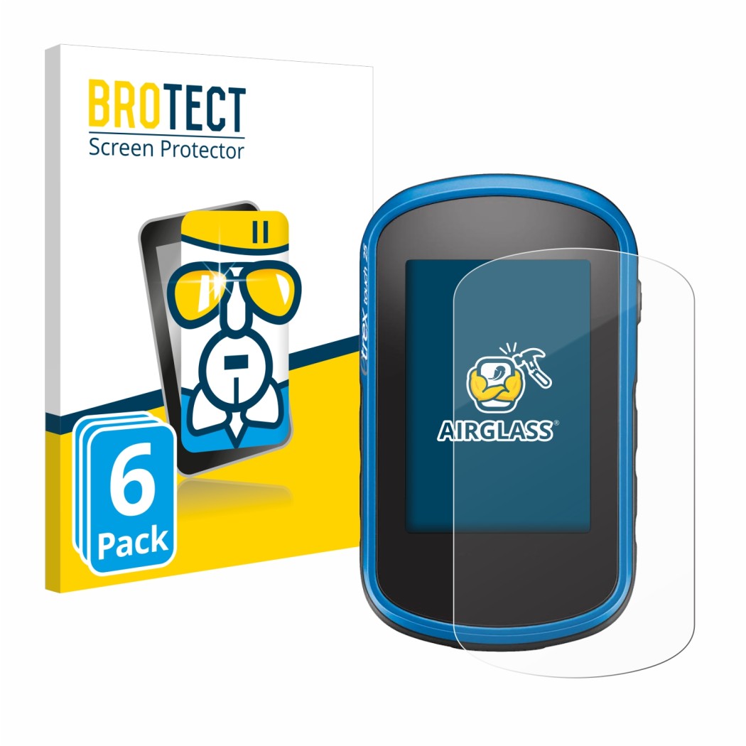 Parte frontal de un envase de producto con el logotipo de la marca BROTECT. Al lado se muestra el dispositivo Garmin eTrex Tou