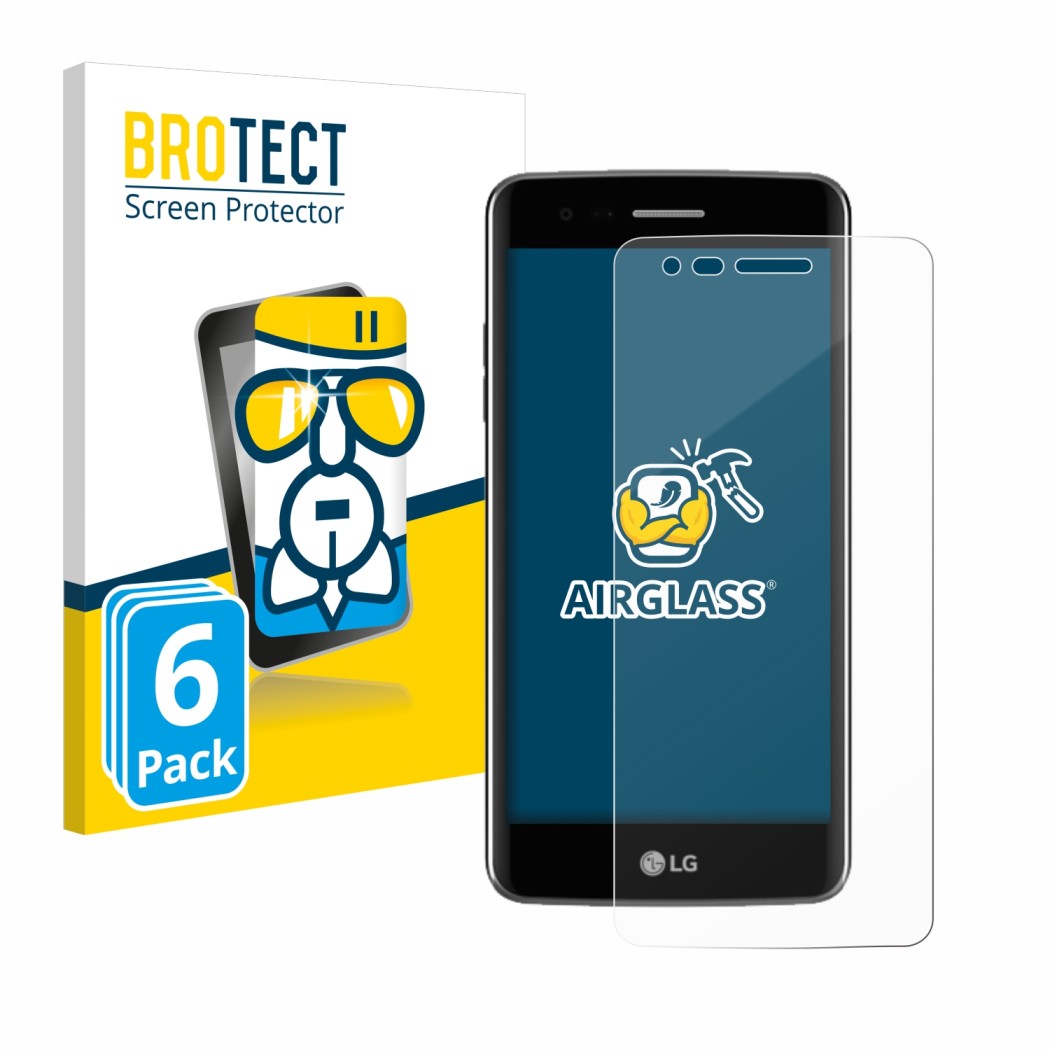 Parte frontal de un envase de producto con el logotipo de la marca BROTECT. Al lado se muestra el dispositivo LG K8 2017 con s