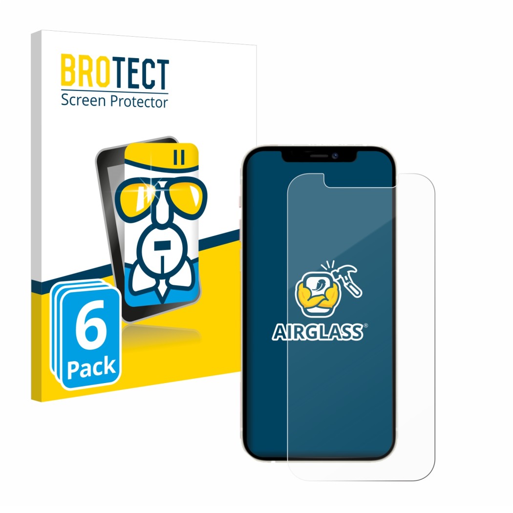 Vorderseite einer Produktverpackung mit dem Markenlogo BROTECT. Daneben ist das Gerät Apple iPhone 12 mit dem zugehörigen Disp